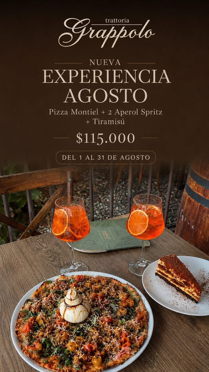 Experiencia Agosto: pizza mediana Montiel, 2 Aperol Spritz y tiramisú por $115.000, del 1 al 31 de agosto